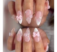 Lot de 24 faux ongles en acrylique en forme de fleurs avec nœuds 3D blancs French Tip à coller sur les ongles en forme d'amande pour les vacances
