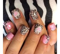 Lot de 24 faux ongles en acrylique - Motif léopard - Cœur - Pour la Saint-Valentin - Strass - À coller sur les ongles