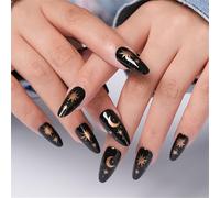 Lot de 24 faux ongles en amande française avec motifs étoile lune, gothique, noir, facile à presser, pour fêtes et usage quotidien