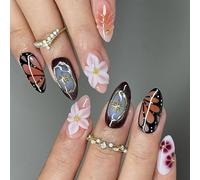 Lot de 24 faux ongles en cristal de glace avec motif de lys étoilés pour élégance quotidienne avec strass et paillettes