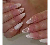 Lot de 24 faux ongles en forme d'amande à paillettes - Motif cœur blanc dégradé - Pour fête, mariage - Réutilisables - Finition brillante
