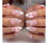 Lot de 24 faux ongles en forme d'amande - Blanc - French Tip - Couverture complète - À coller sur les ongles brillants - Nœuds 3D