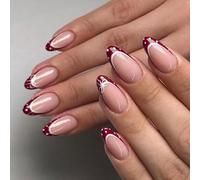 Lot de 24 faux ongles en forme d'amande - Bordeaux - Finition brillante - Pois blancs