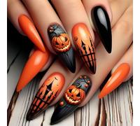 Lot de 24 faux ongles en forme d'amande de sorcière inspirés de toile d'araignée pour Halloween, faciles à appliquer, pour fêtes costumées, Halloween