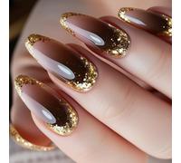 Lot de 24 faux ongles en forme d'amande, faux clinique, motifs à paillettes, conseils français, cercueil, amande
