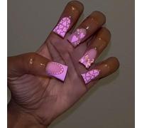 Lot de 24 faux ongles en forme de canard à presser avec pointes françaises - Faux ongles longs tendance avec cœurs et perles - Faux ongles pour femme