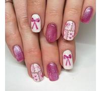 Lot de 24 faux ongles en forme de cœur avec nœuds artificiels scintillants - Couvertures complètes - À coller - Carré moyen