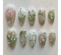 Lot de 24 faux ongles en forme de fleur d'amande avec strass 3D et perles pour manucure de printemps
