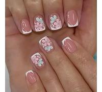 Lot de 24 faux ongles en forme de fleur pailletée sans danger pour les peaux sensibles et les ongles de mariage