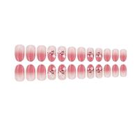 Lot de 24 faux ongles en forme de fleurs de pêcher simples et scintillants - Couverture complète - À coller - Court et rond - À presser