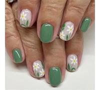 Lot de 24 faux ongles en forme de fleurs - Vert clair - Brillants - À coller sur les ongles - Presse carrée courte sur les ongles