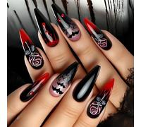 Lot de 24 faux ongles en forme de goutte de sang inspirés de la toile d'araignée pour Halloween, faciles à appliquer, pour les fêtes costumées, Halloween, motif chauve-souris