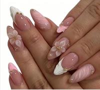 Lot de 24 faux ongles en gel à coller, taille moyenne, en forme d'amande, avec fleurs 3D, paillettes, réutilisables, parfaits pour un coiffage rapide des ongles
