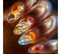 Lot de 24 faux ongles ergonomiques en forme d'amande avec motif méduse bleu givré - Pour tous les jours