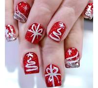 Lot de 24 faux ongles festifs à coller sur les ongles avec motifs flocons de neige