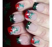 Lot de 24 faux ongles festifs à paillettes françaises - Motif feuilles de Noël - Application facile - Ongles à presser pour la saison des fêtes - Ongles artificiels de Noël en ABS