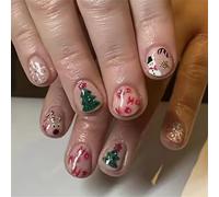 Lot de 24 faux ongles festifs à presser pour Noël - Flocons de neige et arbres - Pour des vacances faciles