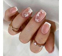 Lot de 24 faux ongles floraux à bout français de forme carrée à coller sur les ongles