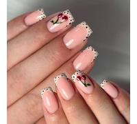 Lot de 24 faux ongles français à base blanche à pois noirs motif fleur pour femme fête usage quotidien blanc French Tip noir pois faux ongles