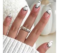 Lot de 24 Faux Ongles Français pour Halloween, Motifs Fantômes Mignons, Couverture Complète Faux Ongles à Coller sur les Ongles pour Femmes Filles