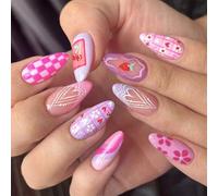 Lot de 24 faux ongles French Tip à coller sur les ongles en acrylique Motif fraises et amandes