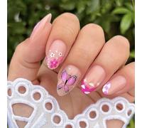 Lot de 24 faux ongles French Tip Full Cover Fleurs à presser sur acrylique pour un usage quotidien