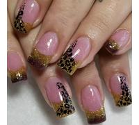 Lot de 24 faux ongles French Tip Full Cover - Imprimé léopard - À presser - Carré - À coller sur les ongles artificiels