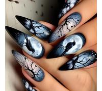Lot de 24 faux ongles gothiques en acrylique avec motif de couronne et lune - Pour femme