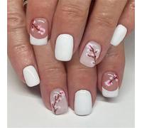 Lot de 24 faux ongles gothiques floraux français pour les fêtes - Longueur courte - Facile à utiliser - Fleurs françaises blanches