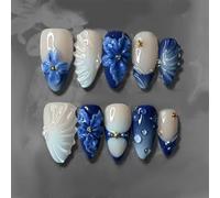 Lot de 24 faux ongles inspirés du style vintage - Lys bleus - Perles décoratives en ABS - Faciles à porter et faciles à appliquer