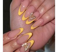 Lot de 24 faux ongles jaunes avec pointe française à coller - Motif papillon - En forme d'amande - À coller