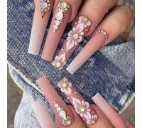 Lot de 24 faux ongles longs à presser Camélia avec motif unique de strass pour les réunions festives