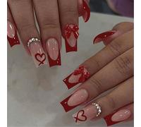 Lot de 24 faux ongles longs carrés à presser avec nœud 3D en forme de cœur autocollants, couverture complète et amovible, en acrylique, pour femmes et filles, pour la Saint-Valentin