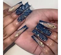Lot de 24 faux ongles longs carrés à presser réutilisables avec strass pour femmes, adolescentes et filles - Ongles glamour en acrylique pour fête, mariage, usage quotidien, salon
