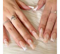 Lot de 24 faux ongles longs carrés en forme de flocons de neige à coller sur les ongles d'hiver pour femme