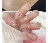 Lot de 24 faux ongles longs cercueil en acrylique avec motifs cœurs et étoiles pour femmes