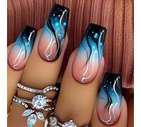 Lot de 24 faux ongles longs en acrylique brillants à coller sur les ongles bleus