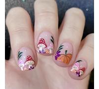 Lot de 24 faux ongles longs en forme d'amande en forme de citrouille et de champignon pour décorations d'Halloween