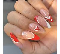 Lot de 24 faux ongles longs en forme d'amande pour la Saint Valentin - Couverture complète - Brillant - À coller avec des motifs de cœur