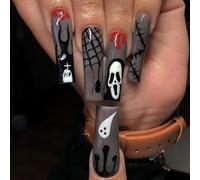 Lot de 24 faux ongles longs pour Halloween, motif fantôme, chat, crâne, araignée, ongles à presser, couverture complète en acrylique, accessoires de nail art pour femmes et filles (011#)