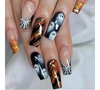 Lot de 24 faux ongles mi-longs pour Halloween, motif chat fantôme, crâne et araignée, à coller sur les ongles, en acrylique, pour femmes et filles, accessoires nail art (007#)