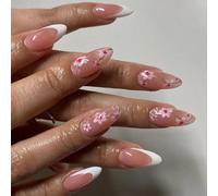 Lot de 24 faux ongles moyens en acrylique Amande Fleurs Couverture complète à coller sur bout français