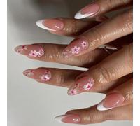 Lot de 24 faux ongles moyens en acrylique Amande Fleurs Couverture complète à coller sur bout français