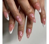Lot de 24 faux ongles moyens en acrylique Amande Fleurs Couverture complète à coller sur les ongles French Tip