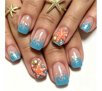 Lot de 24 faux ongles multi-tailles sur le thème de la plage | Design de perles de coquillage avec paillettes bleues pour les looks côtiers et les fêtes de vacances pour femmes