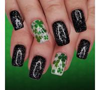 Lot de 24 faux ongles noirs avec motif trèfles verts et finition brillante pour festivals et occasions spéciales sur le thème de la chance. Trèfles verts