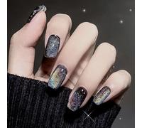 Lot de 24 faux ongles noirs brillants œil de chat à presser - Faux ongles courts carrés avec motif pailleté - Couvrance complète - Fabriqués en ABS de qualité supérieure pour plus de confort et de