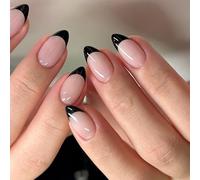 Lot de 24 faux ongles noirs en acrylique à pression sur les ongles courts en amande - Ongles acryliques simples - Couverture complète - À coller sur les ongles