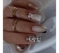 Lot de 24 faux ongles noirs et blancs à bout en V avec finition perles en ABS pour fêtes
