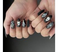 Lot de 24 faux ongles noirs ternes pour Halloween - Manifestation - Squelette - Blossomy - Planification artistique - Forme d'écrou - Sabots frauduleux permanents en ABS - Application rapide - Pour